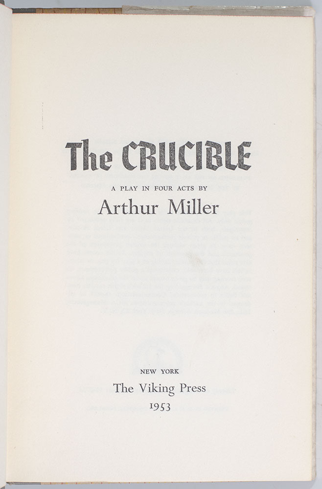 The Crucible: A Play In Four Acts. - Raptis Rare Books | Fine Rare And ...