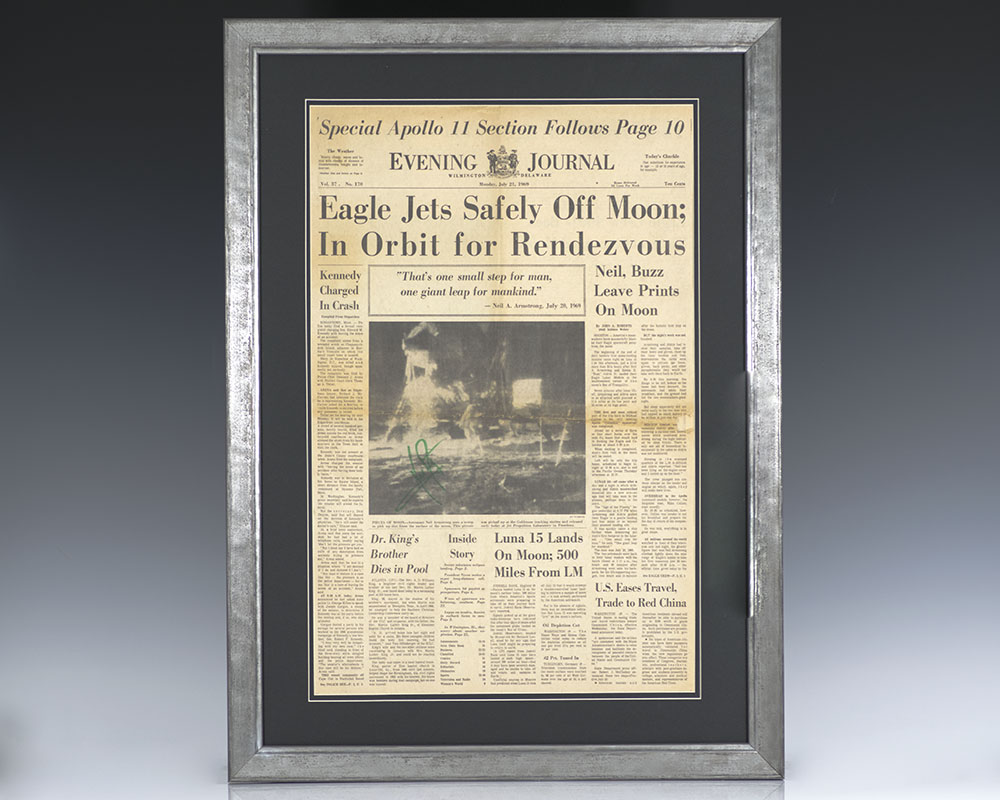 Rare July 21, 1969 Delaware Evening Journal front page article on the Apollo 11 moon landing; boldly signed by Neil Armstrong.