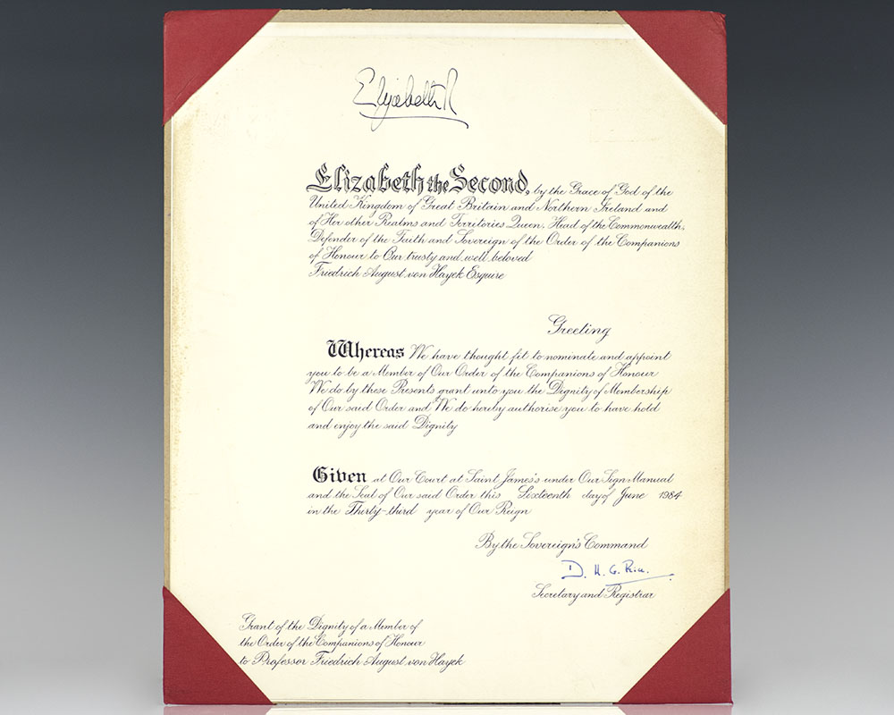 royal-companion-of-honour-appointment-presented-to-friedrich-von-hayek