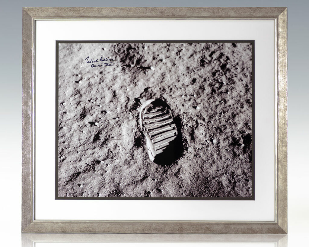 Rare large format photograph of Buzz Aldrin’s footprint on the lunar surface, taken by him on July 20, 1969 as the second person to set foot on the moon. Signed by Aldrin’s co-astronaut Michael Collins.